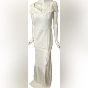 Kalinnu Off The Shoulder Gown Side Slit V Neck Floor Length Wedding - White XL